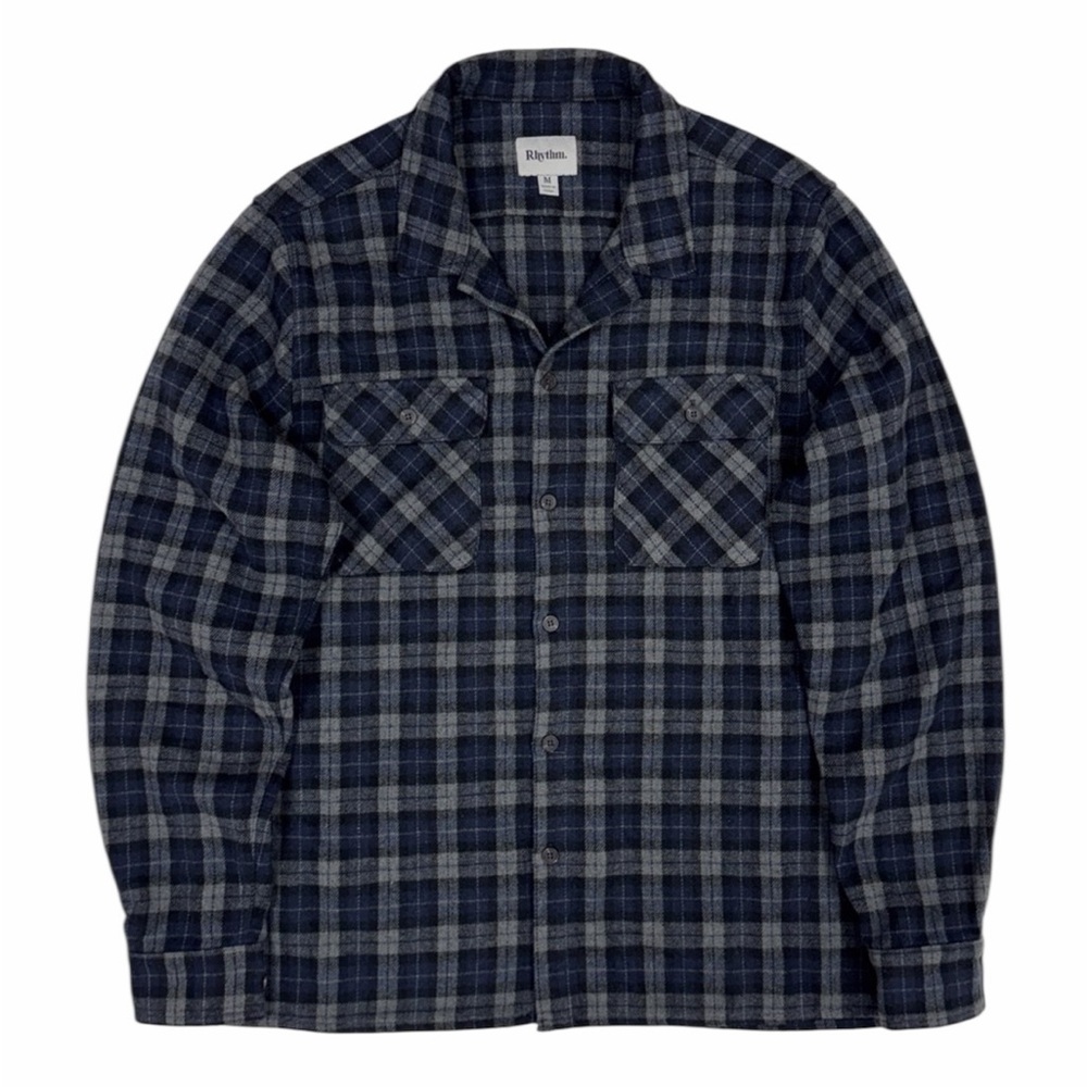 Rhythm Flannel Shirt Mens Medium Blue Check Plaid Long Sleeve Heavy Wool Blend
